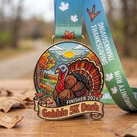 Médaille de sport personnalisée en alliage de zinc, finition 5K, émail souple 3D en relief, motif dinde, pour marathon de Thanksgiving
