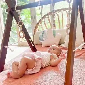 2021 Wooden Baby Gym With 6 Wooden Baby Toys Foldable Baby Play Gym