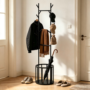 <span class=keywords><strong>Perchero</strong></span> Metálico con Cesta para Almacenamiento de Paraguas y Múltiples Ganchos, Estante Independiente para Ropa, Decoración para el Hogar, <span class=keywords><strong>Recibidor</strong></span> y Entrada - Product Image 1