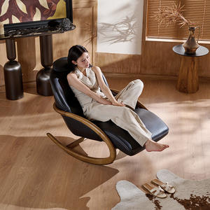 Fauteuil à bascule moderne en bois massif et cuir véritable, design inclinable, pour salon, chambre à coucher, chaise de détente - Product Image 1