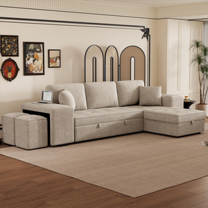 Modern L Shape 3 Seat Reversible Sectional Couch Pull Out Sleeper <b>Sofa</b> With Storage Chaise And 2 Stools For Living Room - Product Image 6