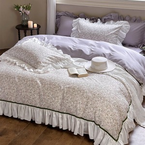 Juego de Ropa de Cama de Algodón Estilo Francés para Niñas, 4 Piezas, Estampado Floral, con Volantes, Estilo Princesa, Funda de Edredón de Algodón Puro, Sábanas para Uso Doméstico - Product Image 1