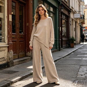 Ensemble de vêtements pour femmes en tricot, 2 pièces, style décontracté, beige, pull <span class=keywords><strong>à</strong></span> col rond ample, pantalon large, tenue décontractée pour le printemps et <span class=keywords><strong>l</strong></span>'automne - Product Image 5