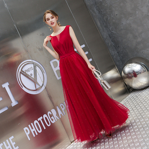 <span class=keywords><strong>Abiti</strong></span> da Damigella Lunghi 2019 Nuova Moda Senza Maniche Collo Tondo Rosso Decorato con Perle per Matrimoni e Feste Serali - Product Image 3