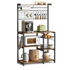Vente en gros de support pour boulangers de cuisine industrielle support brun pour micro-ondes étagère de cuisine avec bande magnétique et 12 crochets étagère sur pied - Product Image 6