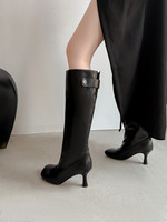 Bottes d'équitation d'hiver à talon fin en cuir véritable, à bout carré, montantes jusqu'au genou, à enfiler