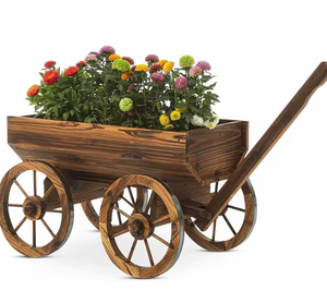 Chariot et boîte de fleurs à quatre roues en bois de pin anti-corrosion poussés à la main Design classique Capacité de 3-6L Jardinière mobile écologique - Product Image 6