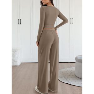 Women's 2 Piece Matching Lounge Set Full Sleeve Knitted Spandex Cotton Breathable Wide Leg Pants Top Daily Wear Outfit - Product Image 4