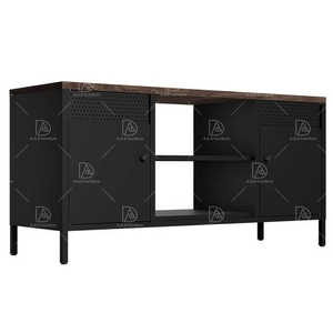 Soporte de <span class=keywords><strong>TV</strong></span> moderno negro, mesa de centro, armario de almacenamiento de 3 puertas de lujo con tapa de madera de acero para el hogar, sala de estar o dormitorio escolar - Product Image 1
