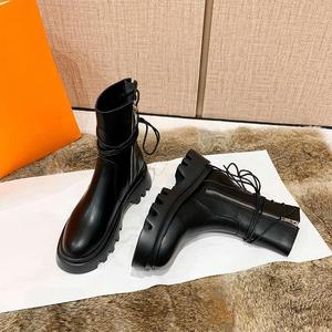 Botas de Media Pantorrilla con Cordones para Mujer, Estilo Vintage, Punta Redonda, Cuero Negro, Cierre Lateral, Plataforma, Estilo Biker, Otoño Invierno - Product Image 3