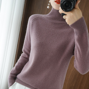 Suéter de cuello alto para mujer, holgado, grueso, de color liso, tejido, estilo otoño-invierno - Product Image 3