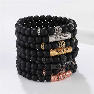 Clásico 2 unid/set Stretch Black Pulsera de cuentas de acero inoxidable para hombre Pave Zircon Cz Ball Skull Lion Charms Pulseras Conjunto de joyería - Product Image 4