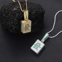 Collier Pendentif Mahjong en Laiton Plaqué Or avec Chaîne Corde, Bijoux Fantaisie Tendance, Pendentifs Riches Effet Givré, Colliers Ras du Cou Hip Hop