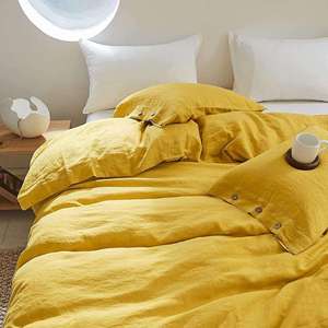 Customizable Boho 100% Cotton Mustard <b>Yellow</b> Duvet Cover <b>Set</b> with Coconut Buttons 2 Pillowcases 3-Piece Anti-Bacteria <b>Bedding</b> - Product Image 4
