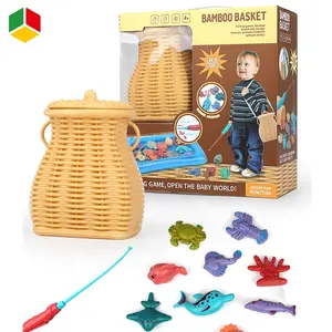 QS-cesta de bambú de plástico para niños, juego de peces, animales marinos, juguete de pesca magnético