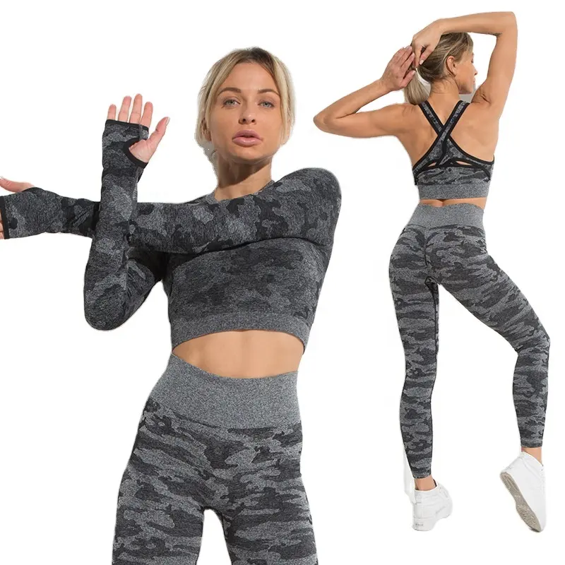 Tüm baskılı Fitness ve Yoga kıyafeti dikişsiz spor giyim mütevazı aktif giyim kadın egzersiz setleri Yoga 3 parça takım elbise