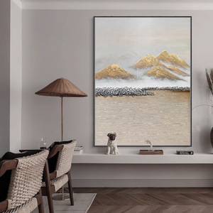 Pintura al Óleo Pintada a Mano, Montaña Dorada, Arte Abstracto, Estilo Chino Moderno, Marco Metálico, Efecto Visual 3D, para Sala de Estar o Entrada - Product Image 1