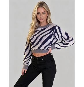 Nuovi Arrivi: Maglioni Pullover da Donna Eleganti e alla Moda in Cotone e Spandex, con Motivo a Righe Zebrate, Lavorati a Maglia, Anti-Restringimento - Product Image 5