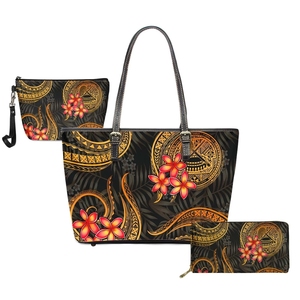Ensemble de sacs tribaux polynésiens des Samoa américaines, sacs à main pour femmes, sacs à main pour dames, imprimé plumeria doré, sac à main à poignée supérieure, sac à bandoulière, 3 pièces - Product Image 1