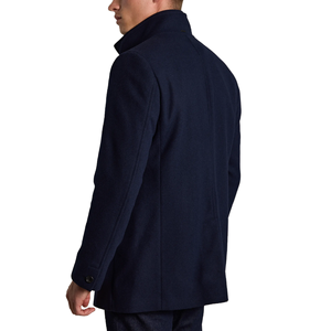 <strong>Men's</strong> Slim Fit Navy/Beige <strong>Funnel</strong> <strong>Neck</strong> Car <strong>Coat</strong> Woolen Merino <strong>Wool</strong> Overcoat with Button Decoration - Product Image 6