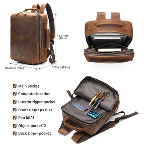 <span class=keywords><strong>Mochila</strong></span> de viaje de cuero genuino Vintage, <span class=keywords><strong>mochila</strong></span> para portátil de 15,6 ", maletín convertible con cierre de cremallera, cinturón de cojín de aire para hombres - Product Image 3