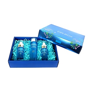 Boîte cadeau pour soins de la peau avec logo personnalisé, couvercle et base bleus, emballage <span class=keywords><strong>en</strong></span> carton rigide avec rembourrage <span class=keywords><strong>en</strong></span> papier déchiqueté - Product Image 3