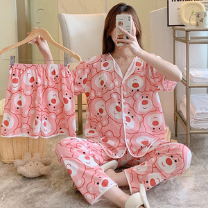 Bahar ve yaz kısa kollu uzun pantolon üç parçalı pijama kadın hırka süt ipek gevşek takım elbise - Product Image 3