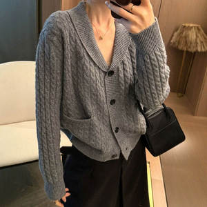 Nuevo Cárdigan de Punto con Solapa para <span class=keywords><strong>Mujer</strong></span>, Cierre de un Solo Botón, Diseño Trenzado de Alta Gama, Informal y Versátil - Product Image 3