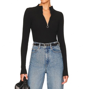 Pull décontracté en maille côtelée à manches longues, col montant, fermeture demi-zip, coupe ajustée extensible pour femme - Product Image 1