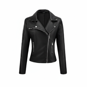 แจ็กเก็ตขี่มอเตอร์ไซค์หนังเทียมสีดำของผู้หญิงเสื้อโค้ทสั้นสำหรับขี่มอเตอร์ไซค์พร้อมซิปงานตามสั่ง - Product Image 1