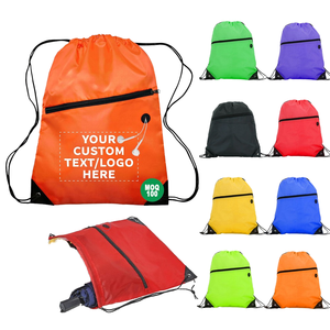 Promotional Custom Logo Waterproof Fashion Oxford Drawstring Backpack 210D 420D Polyester Sport Gym Zipper Pocket Earphone Hole