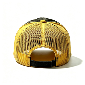 Casquette Trucker Vintage Noire et Jaune Délavée à 5 Panneaux avec Logo Plaque Métallique Personnalisée 1989, Toile Vieillie et Dos en Maille, Unisexe - Product Image 5