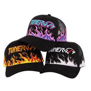 कस्टम y2k स्ट्रीटवियर आग लौ कढ़ाई ट्राकर हैट मेष बैक स्नैपबैक कैप - Product Image 6