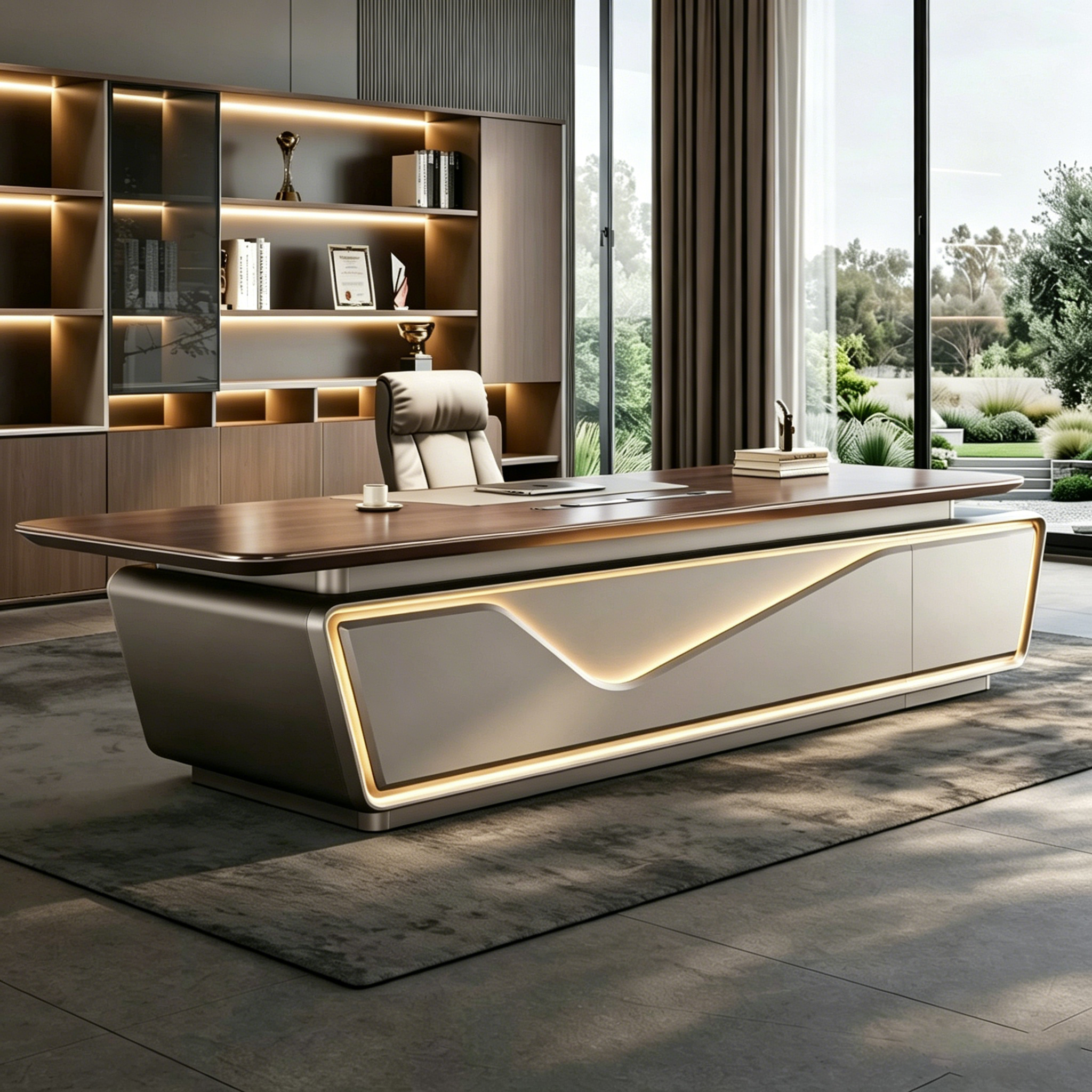 Modern European Luxury L-shaped LED Executive Desk with Side Cabinet Wooden Design for Commercial Office Building