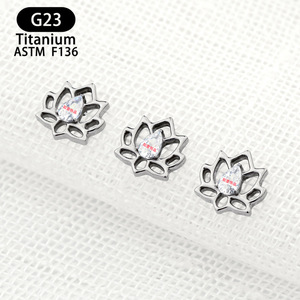 <b>Titanium</b> Lotus <b>Stud</b> Earrings With Zircon Inlay 6.8mm ASTM F136 Everyday Wear - Product Image 2