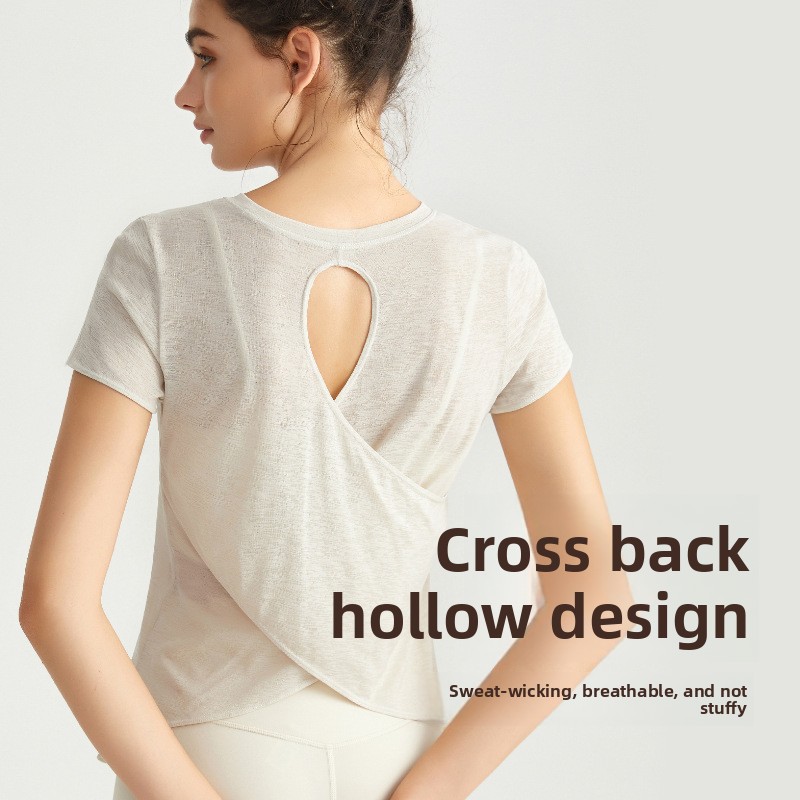 Breathable Yoga Cover-Up Short-Sleeve Crossed Hollow-Out Sports Top Sleek Back Design High-End Women Yoga Top
