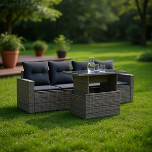 Dark Grey Garden <b>Sofa</b> <b>Set</b> With Cushioned Seating Outdoor Furniture Contemporary Design UV Resistant PE Rattan Waterproof - Product Image 2