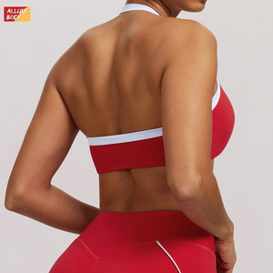 Sujetador deportivo halter para mujer, rojo, de nailon y elastano, ajustado, para yoga, fitness y running al aire libre - Product Image 4