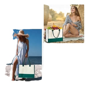 Sac fourre-tout en lin réutilisable à fermeture éclair avec motif rayé et logo personnalisé pour femmes, idéal pour les courses quotidiennes, les cosmétiques, les cadeaux de mariage - Product Image 4