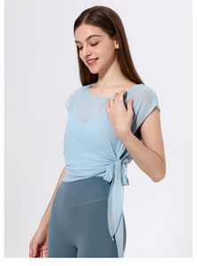 Haut de yoga 2-en-1 en maille pour femme avec soutien-gorge intégré, manches courtes à nouer sur le côté, t-shirt de sport respirant pour la gym, la danse, le Pilates, l'entraînement OEM ODM - Product Image 2