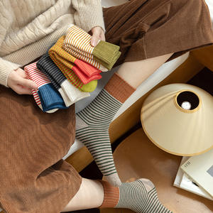 Kaus kaki tebal model Korea, kaus kaki handuk tabung panjang garis-garis warna sambungan, kaus kaki melingkar tebal musim dingin - Product Image 2