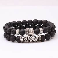 Ensemble de bracelets vintage pour hommes, perles de 8 mm, pierre naturelle turquoise et pierre de lave, avec breloques Dragon/Lion/Panthère/Haltère Bouddha/Léopard