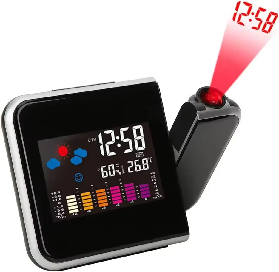 Despertador digital com projeção quadrada para o tempo, LCD, despertador para dormir, projetor colorido, luz de fundo LED, despertador digital