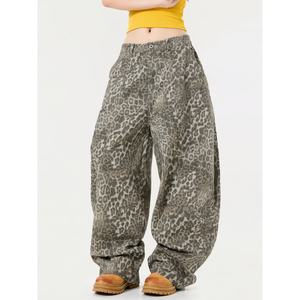 กางเกงผ้าแคนวาสลายเสือดาวสไตล์วินเทจอเมริกัน ทรงโค้ง ชายระบาย ทรงหลวม สตรีทแวร์ ยูนิเซ็กส์ ขากว้าง สไตล์ลำลอง ผ้าฝ้าย 100% - Product Image 1