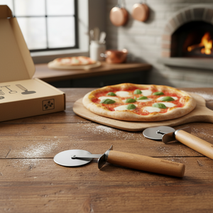 Pizza Cutter con manico in legno in metallo affettatrice per Pizza e strumenti di buccia confezionati in scatola - Product Image 3