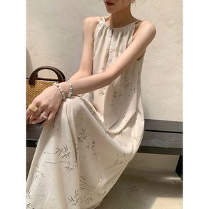 Chinese Style Floral Halter Neck Dress Loose Fit Long Skirt With Tassel Hem For Summer Beach Vacation - Product Image 4