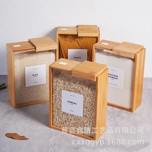 Bamboo Wood Grain Storage Box Rectangle Solid Color Covered <b>Rice</b> Storage Kitchen Food <b>Container</b> - Product Image 1