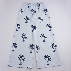Pantalon droit en tissu éponge imprimé palmiers tropicaux pour femme, taille basse, coupe ample, tissé, décontracté, plage, vacances - Product Image 2