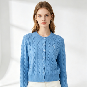 Blue Cable Knit <b>Cardigan</b> <b>Sweater</b> Round Neck Long Sleeve Button Front Women Knitwear for Autumn - Product Image 1