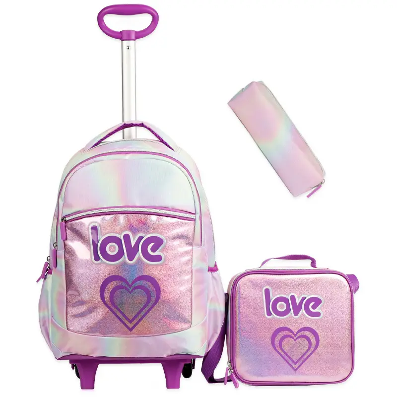 Alta Qualidade Pull Trolley Bag School Girl 3 Em 1 Set Lightweight Glitter Crianças School Bags Kids Backpack Com Trolley